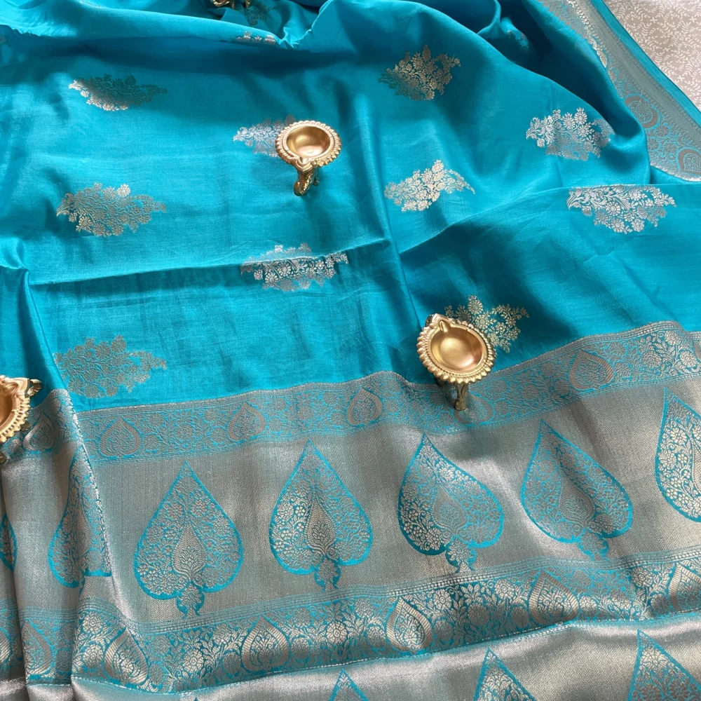 Turquoise Blue Chiniya Silk