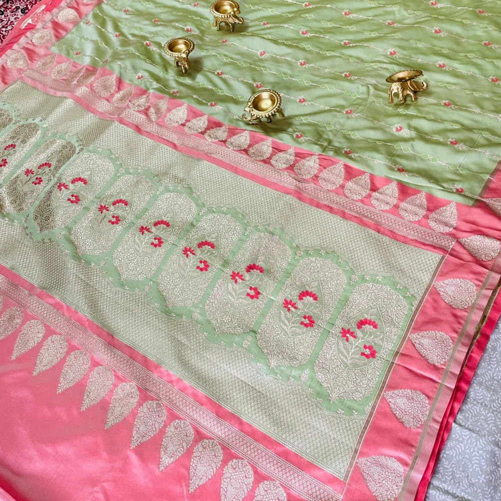 Pistachio and Baby Pink Mashru Katan